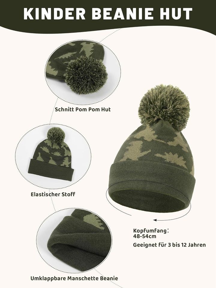 NATUST Mütze Schal Handschuh-Sets für Jungen Dinosaurier Wintermütze mit Bommel Warmer Strickschal H