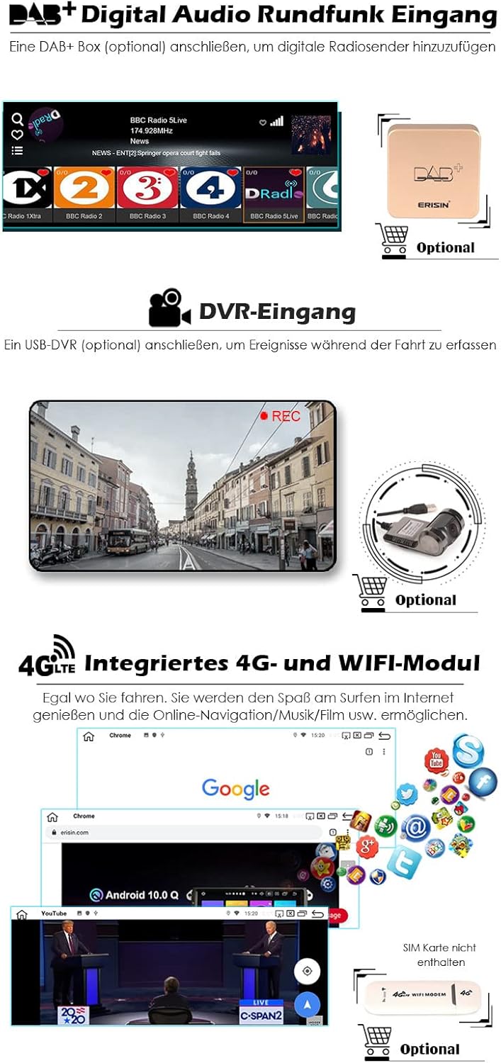 Erisin 10.25 Zoll 8-Kern IPS Android 10 Autoradio GPS Navi für BMW 1er F20/F21 3er F30 F31 F34 4er F