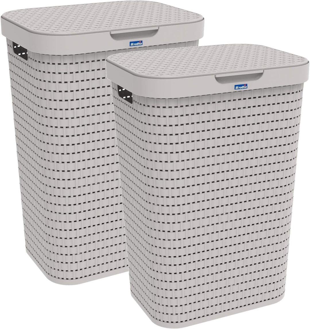 2er-Set Wäschesammler 55l mit Deckel Beige, Beige