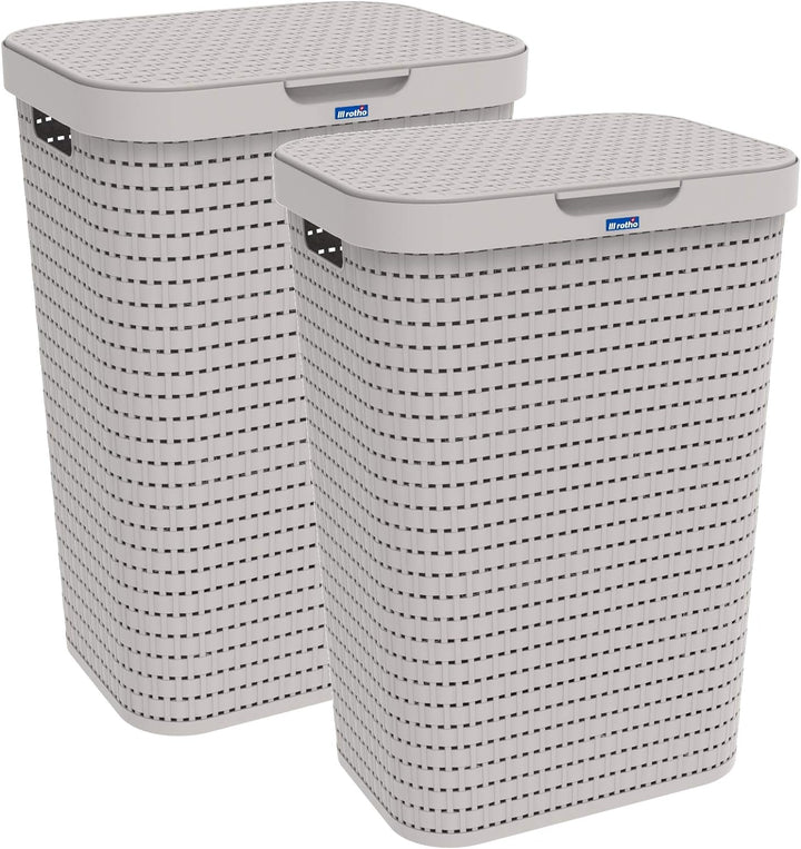 2er-Set Wäschesammler 55l mit Deckel Beige, Beige