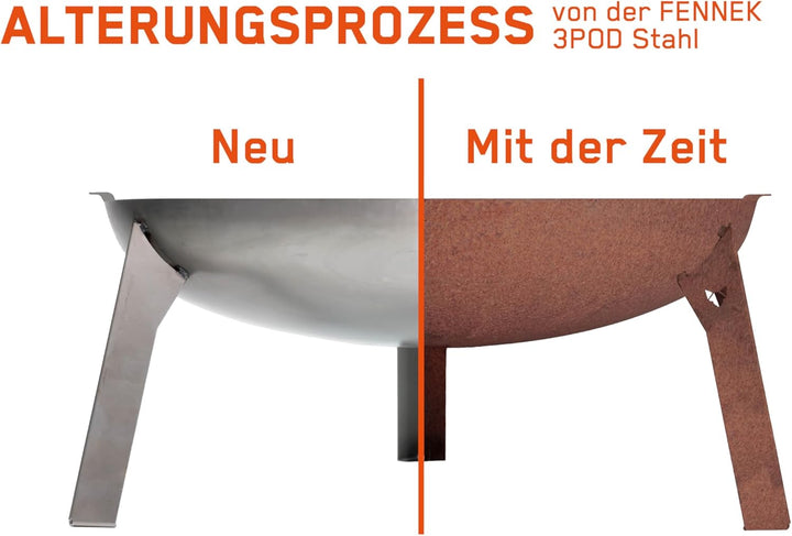 FENNEK Feuerschale 3 Pod | Grosse Feuerstelle aus massivem 2,0 mm Stahl | Ø 65 cm | Für Garten, Terr