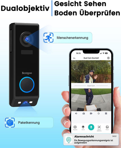 Video Türklingel mit Doppelkamera, Bextgoo 2K HD Türklingel mit Kamera Kabellos, 10000mAh Akku, Bewe