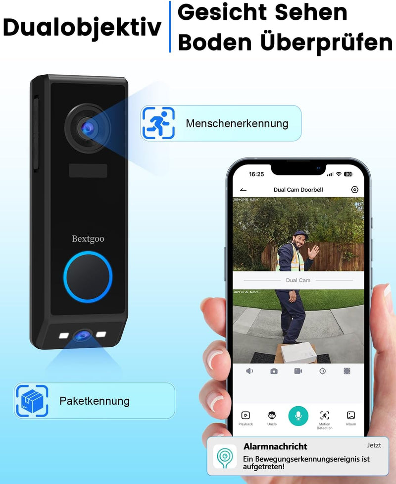 Video Türklingel mit Doppelkamera, Bextgoo 2K HD Türklingel mit Kamera Kabellos, 10000mAh Akku, Bewe