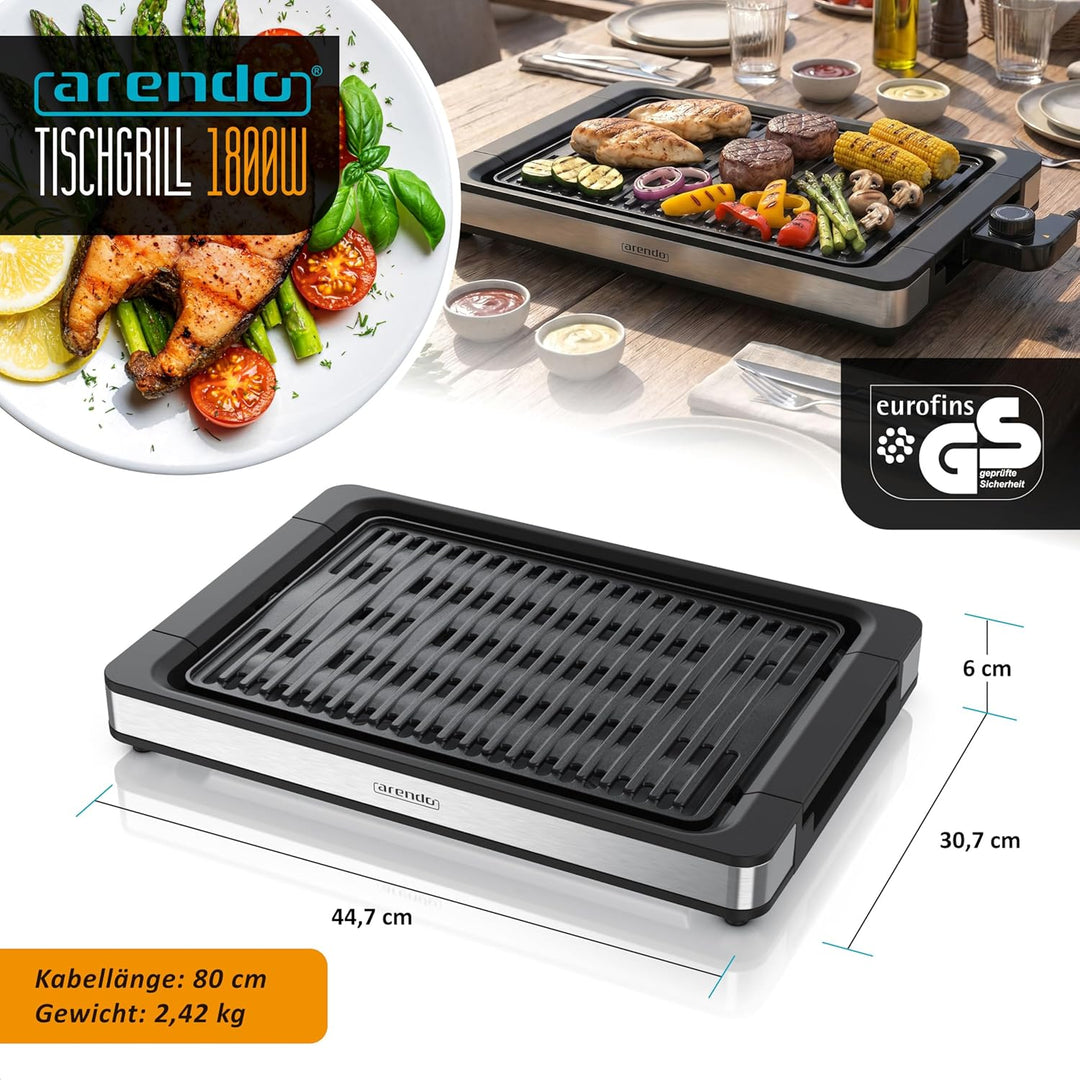 Arendo - Tischgrill Elektrogrill Edelstahl - bis 250 Grad - Steaks, Würstchen, Fisch, Meeresfrüchte,