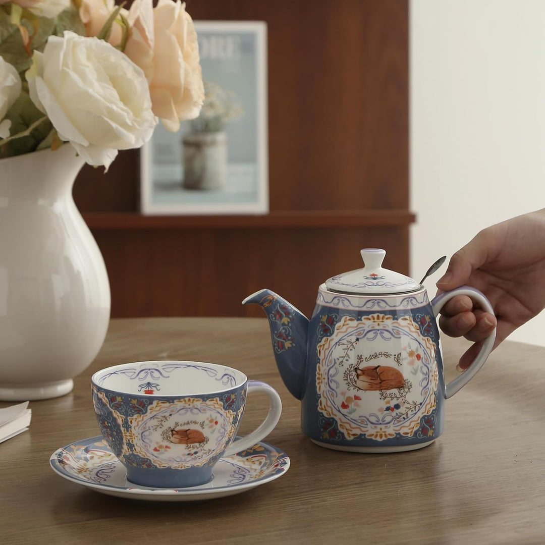 London Pottery Teekannen-Set aus Knochenporzellan, Teekanne und Servierset für einen, Tiermuster, Te