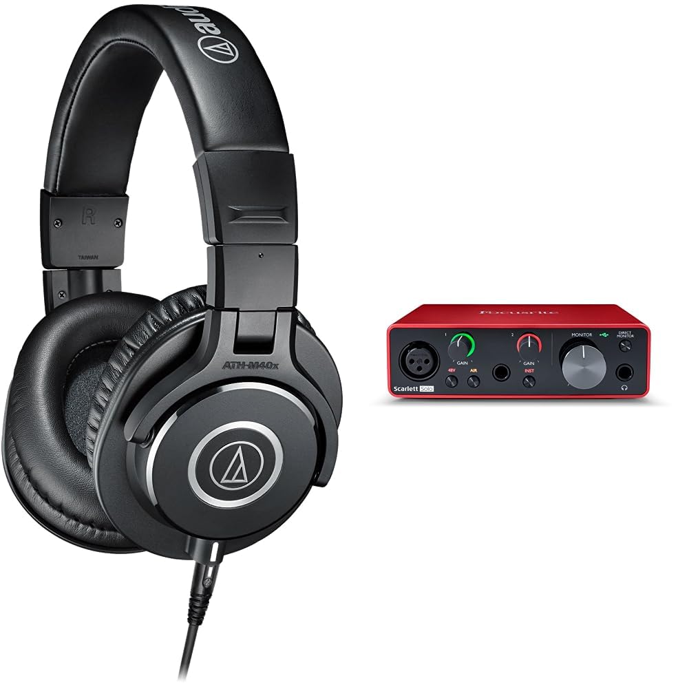 Audio-Technica M40x Studio Kopfhörer in Schwarz. Kabelgebunden, geschlossen & Focusrite Scarlett Sol