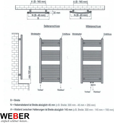 Badheizkörper Heizung Badezimmer Heizkörper alle Grössen Weiss/Anthrazit WEBER (40x180cm weiss), 40x