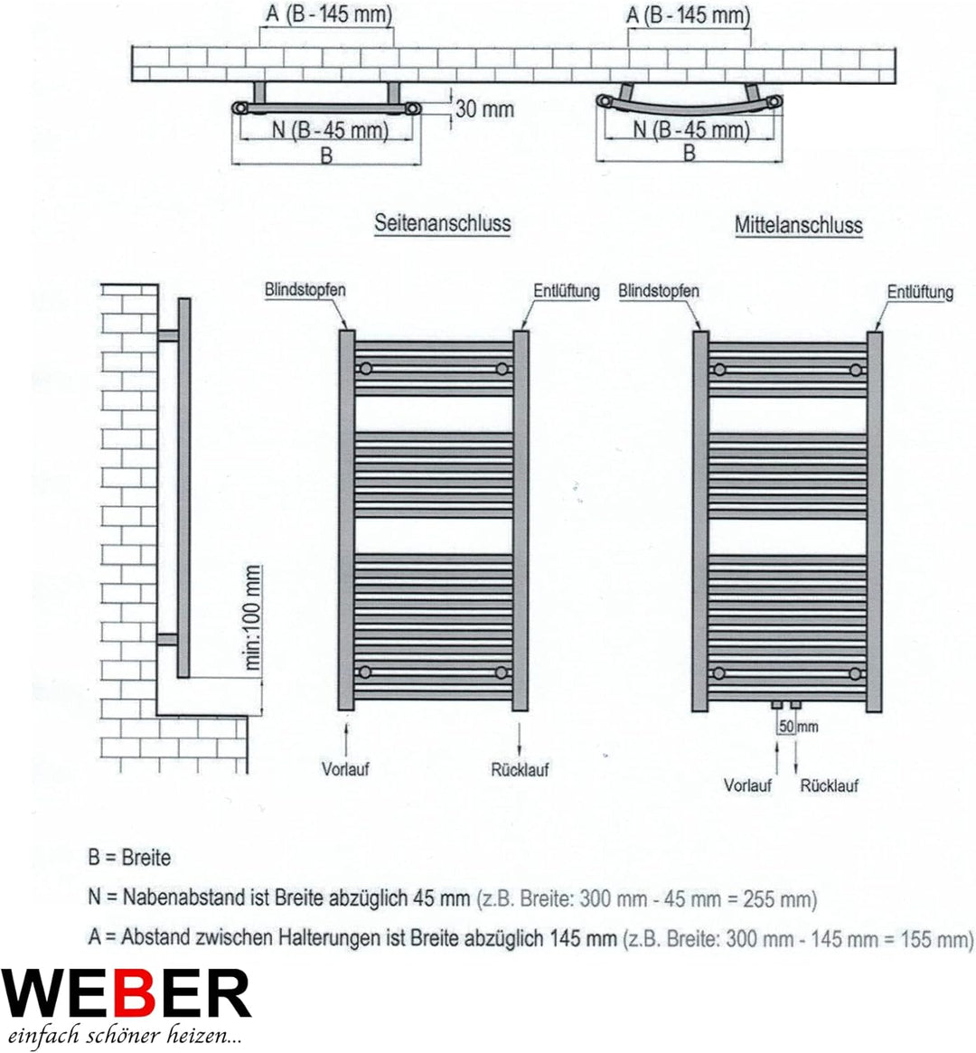 Badheizkörper Heizung Badezimmer Heizkörper alle Grössen Weiss/Anthrazit WEBER (50x120cm, 50x120cm a