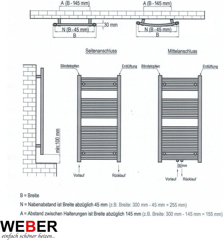 Badheizkörper Heizung Badezimmer Heizkörper alle Grössen Weiss/Anthrazit WEBER (50x120cm, 50x120cm a