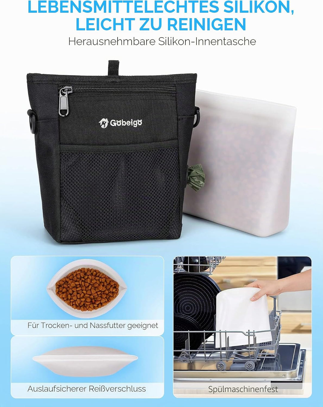 Gobeigo Hundeleckerli Tasche mit Silikon Snack Beutel, Fronttasche für alle Handys, 4 Tassen Leckerl