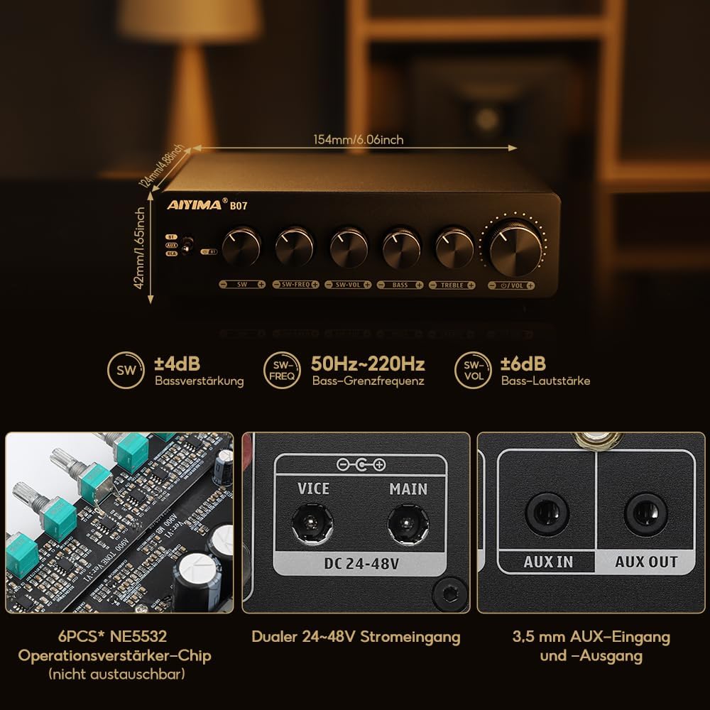 AIYIMA B07 Bluetooth 5.2 Verstärker TPA3255 2.1 Kanal Subwoofer Verstärker 300Wx2+300W für Home Desk