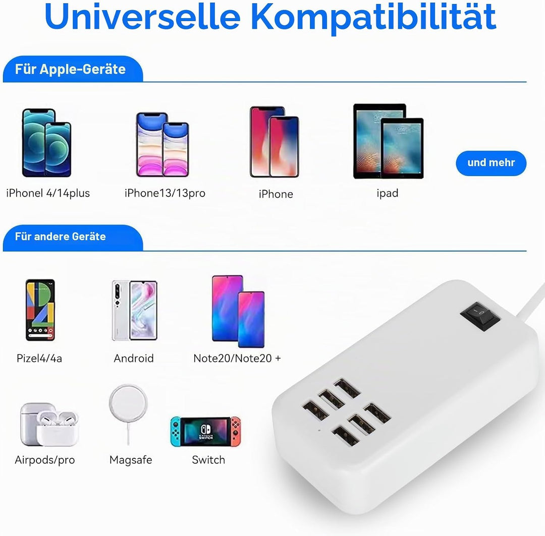 USB Ladestation, 30W 2A 100-240V USB Ladehub mit 6 Anschlüssen USB Ladeanschlüsse Überhitzungsschutz