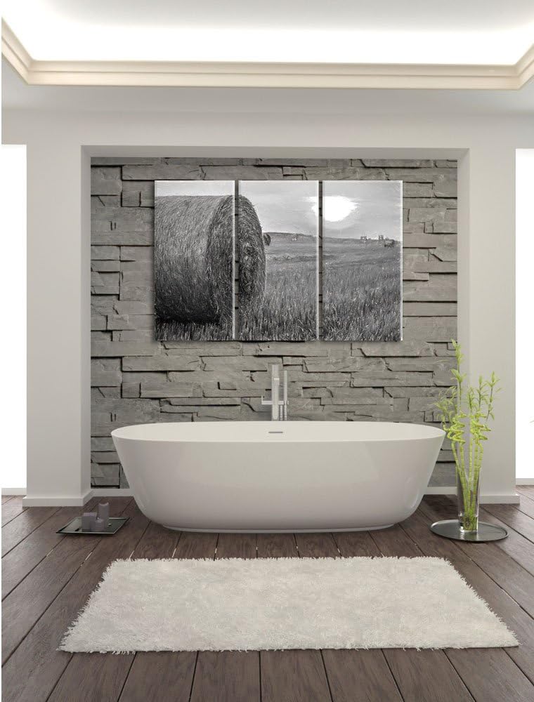 Pixxprint Strohballen auf Feld als Leinwandbild/Grösse: 3 Teilig (120x80) cm/Wandbild/Kunstdruck/fer