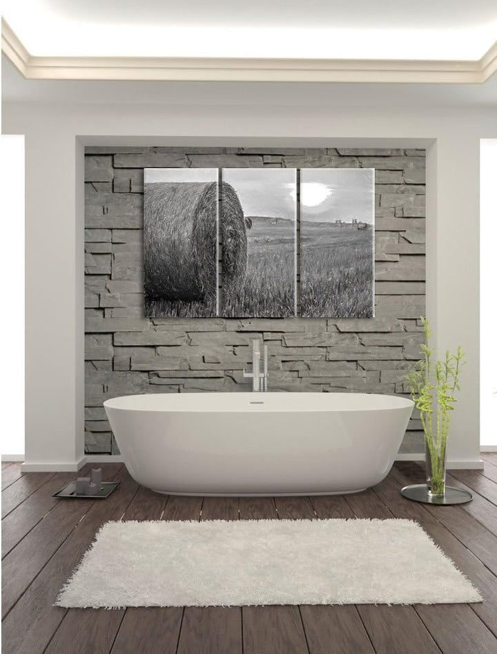 Pixxprint Strohballen auf Feld als Leinwandbild/Grösse: 3 Teilig (120x80) cm/Wandbild/Kunstdruck/fer