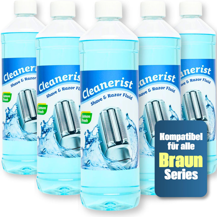 5 x 1 Liter Cleanerist Scherkopfreiniger zum Nachfüllen von Braun Clean&amp;Charge Stationen der Serie 7