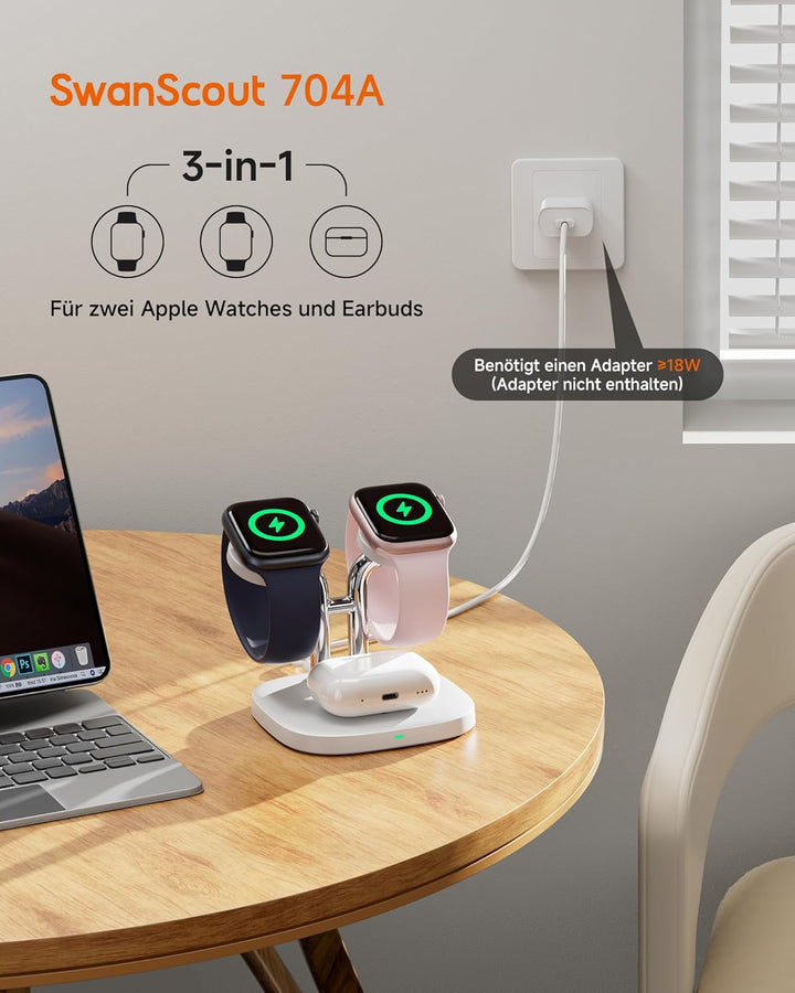 SwanScout Doppel Watch Ladestation für Apple Watch 11, SwanScout 704A, 3.3W Schnell Ladestation Komp