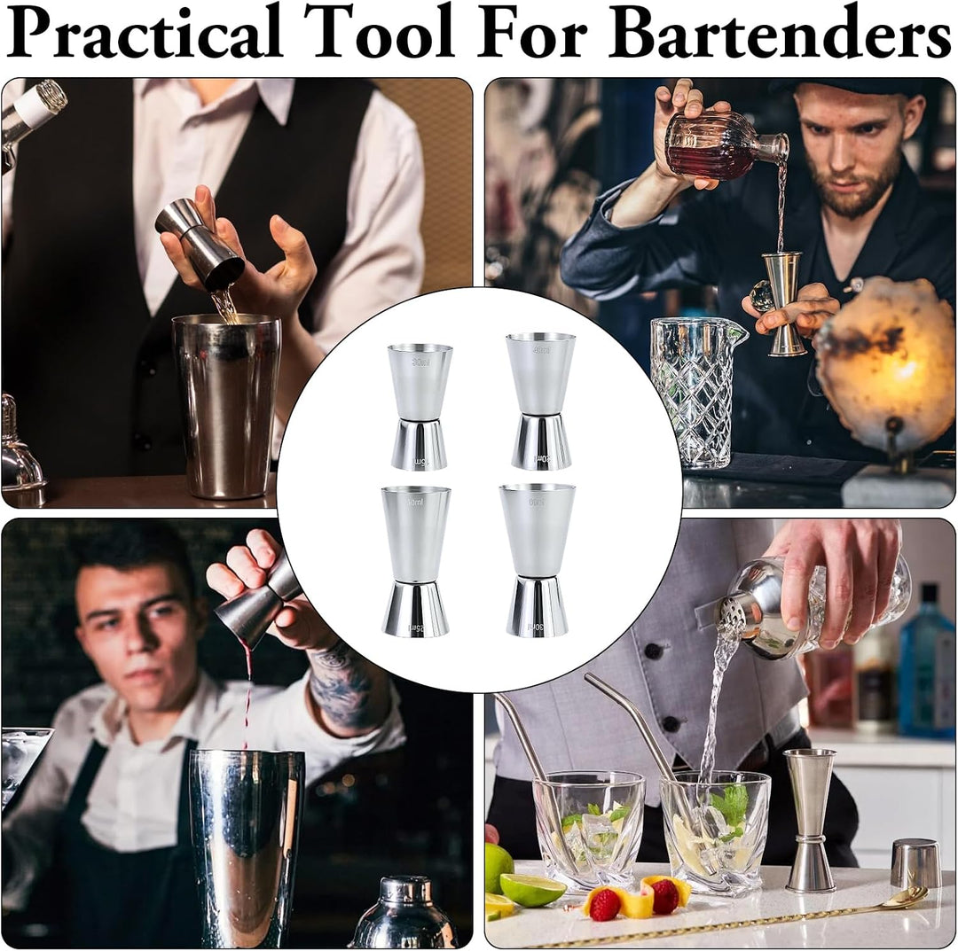4 Stück Cocktail Messbecher, Edelstahl Barmass 3cl/4cl/5cl/6cl, Dual Gin Messbecher mit 4 Flaschenau