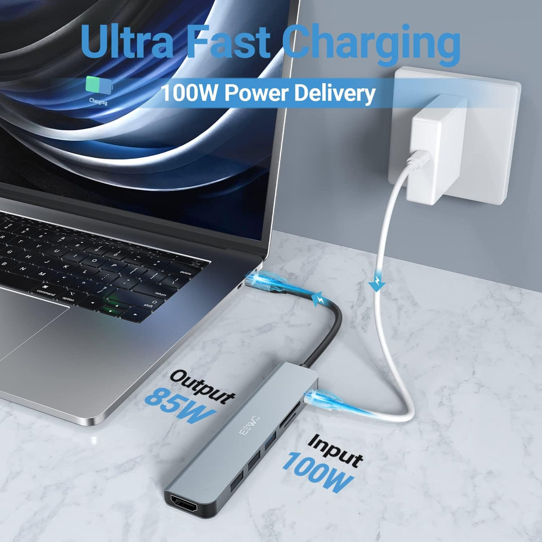 JESWO 7-in-1 USB-C-Hub mit HDMI 4K, USB 3.0, 2 USB-Ports 2.0, SD/TF-Kartenleser, 100 W PD, Multi-Por