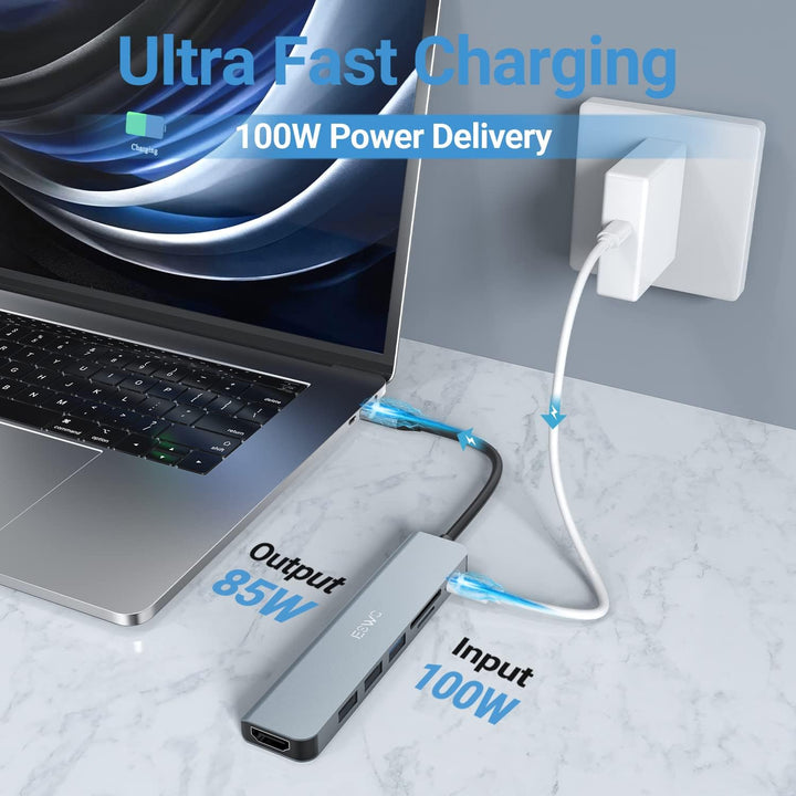 JESWO 7-in-1 USB-C-Hub mit HDMI 4K, USB 3.0, 2 USB-Ports 2.0, SD/TF-Kartenleser, 100 W PD, Multi-Por