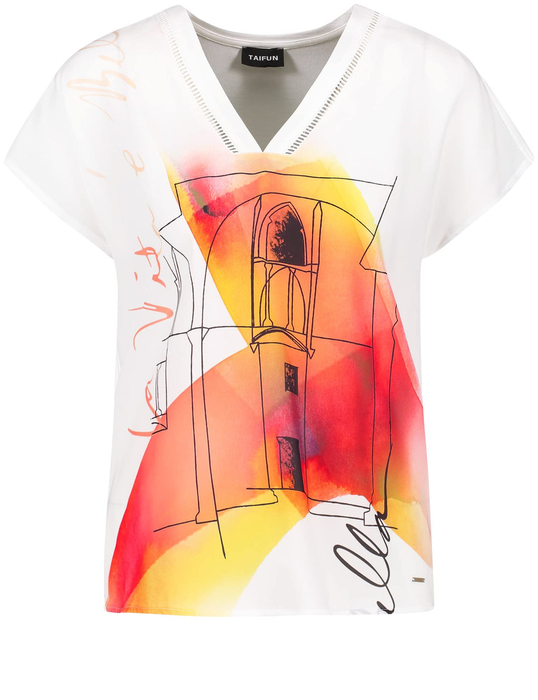 Taifun Damen Blusenshirt mit Front-Print Kurzarm, überschnittene Schultern Gemustert 42 Offwhite Gem