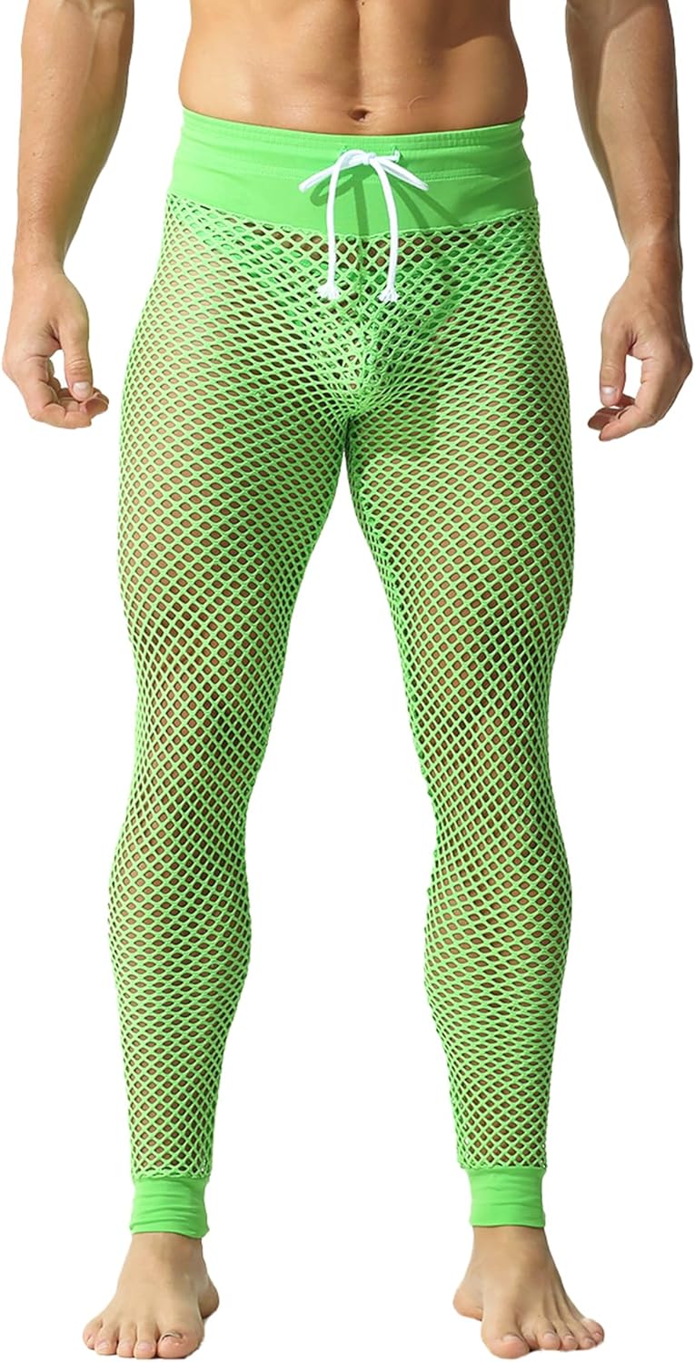 QiaTi Herren Fischnetzhose Mesh durchsichtige Muskelleggings Dehnbare Lange Hose mit Kordelzug M A-g