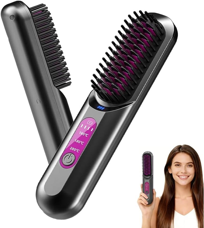2-in-1 Glättbürste Kabellos, Haarbürste Elektrisch Damen, Stylingbürste für Kurze Langes Haare, Trag