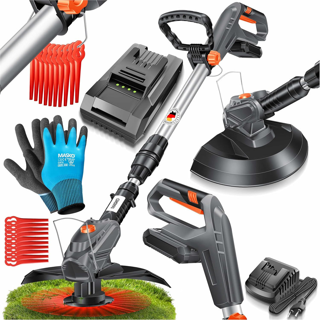 MASKO® Akku-Rasentrimmer mit 20 V Li-Akku, 2,0 Ah Akku und Ladegerät, Motorsense 26 cm Schnittkreis,