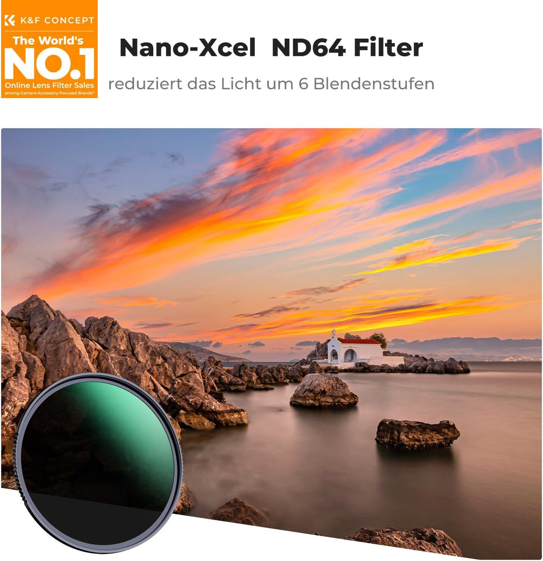 K&amp;F Concept Nano-X Serie ND64 Filter(6 Blendenstufen) 77MM Slim Fester Graufilter 77mm ND64, 77mm ND