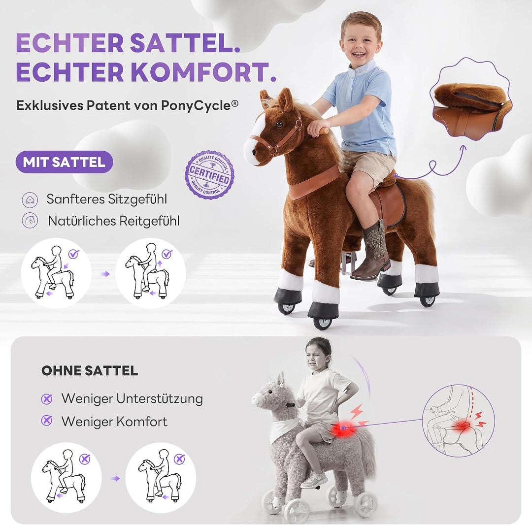 PonyCycle® Schaukelpferd auf Rollen | für Kinder 4–7 Jahre, 89cm | Braunes Plüsch Reitpferd mit Hand