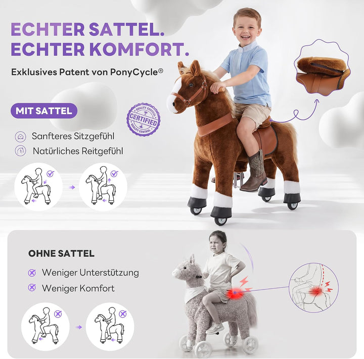 PonyCycle® Schaukelpferd auf Rollen | für Kinder 4–7 Jahre, 89cm | Braunes Plüsch Reitpferd mit Hand