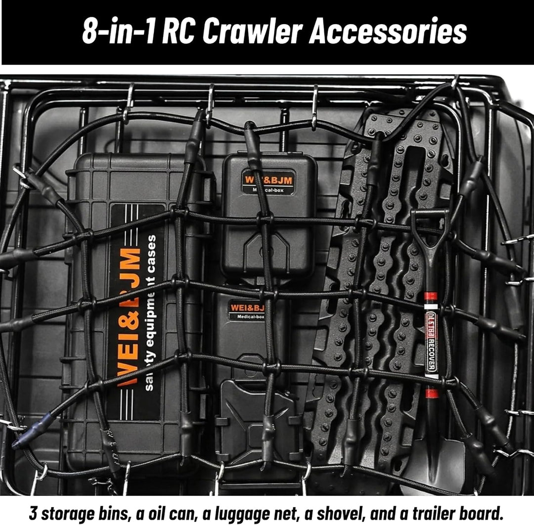 RC Crawler Zubehör, 1/10 Truck Dachträger Rc Zubehör Set 8 in 1 Tankaufbewahrungsbox, Gepäcknetz, Sc