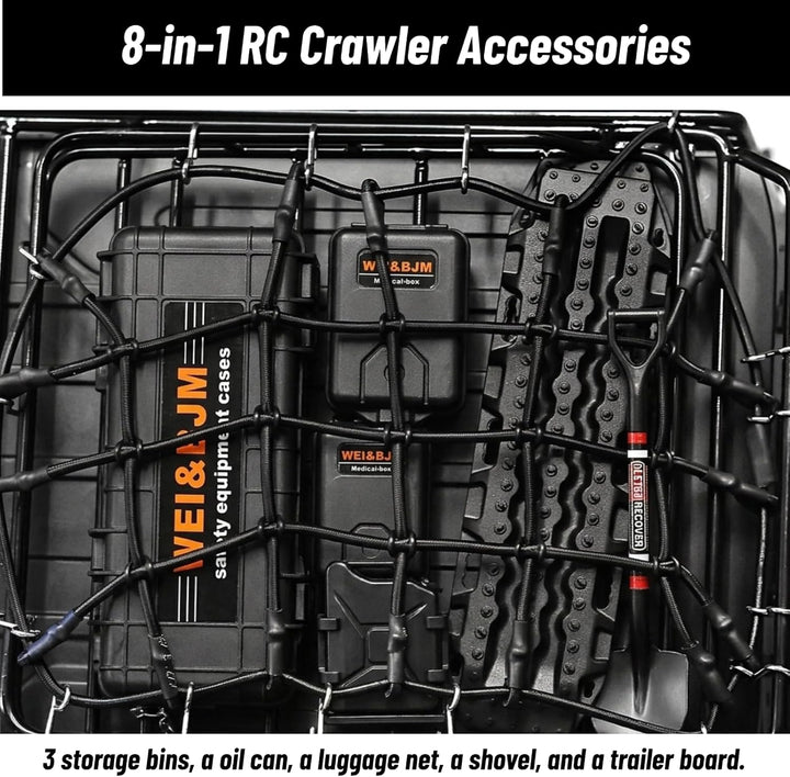 RC Crawler Zubehör, 1/10 Truck Dachträger Rc Zubehör Set 8 in 1 Tankaufbewahrungsbox, Gepäcknetz, Sc