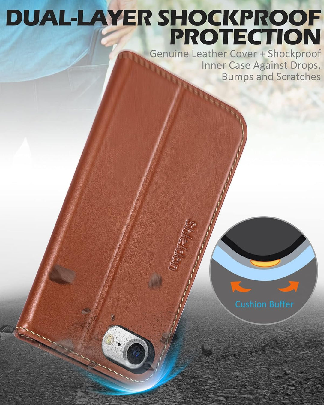SHIELDON Hülle für iPhone SE 2022/iPhone 8 5G Handyhülle [Rindsleder] [Kartenfach] [Stand], Schutzhü