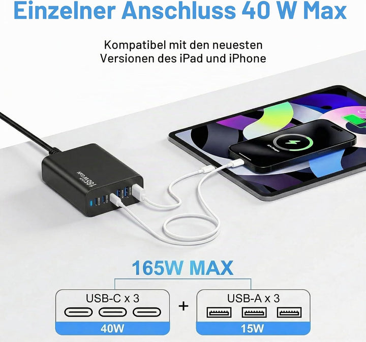 6 Ports Ladestation Schnellladegerät, 165W USB C Schnelllade Netzteil, PD Power GaN Ladegerät kompat