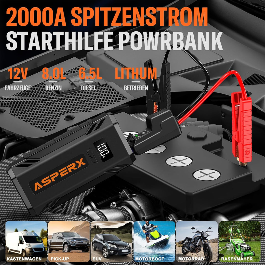 ASPERX Starthilfe Powerbank 2000A Spitze Auto Starthilfe Powerbank 12V Booster Auto Starthilfe (Bis
