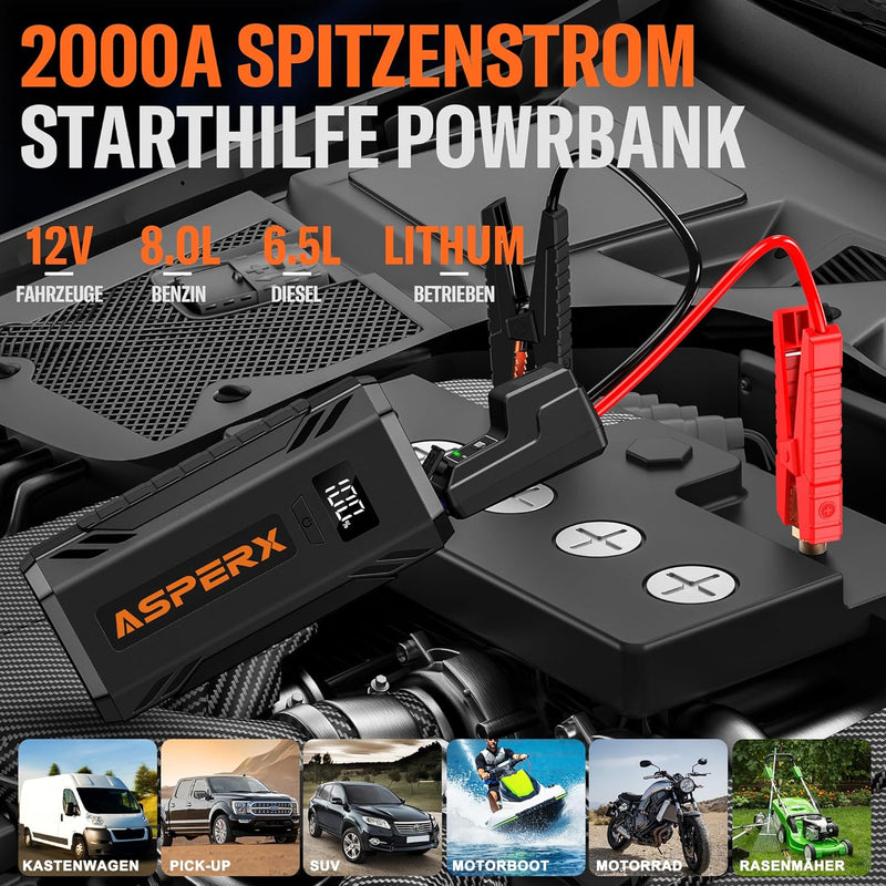 ASPERX Starthilfe Powerbank 2000A Spitze Auto Starthilfe Powerbank 12V Booster Auto Starthilfe (Bis