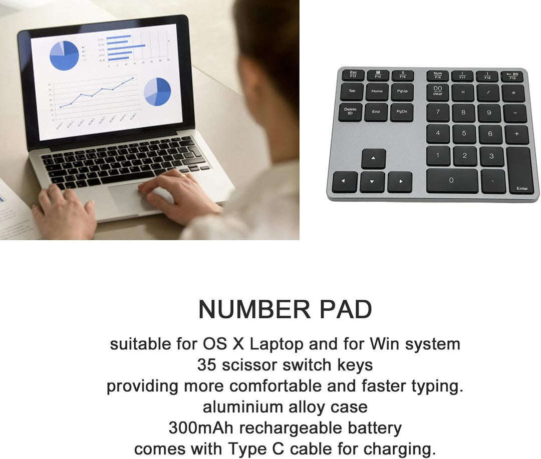 Nummernblock, 35 Tasten BT5.0 Kabelloser Ziffernblock, Wiederaufladbare Nummernblock Tastatur für De