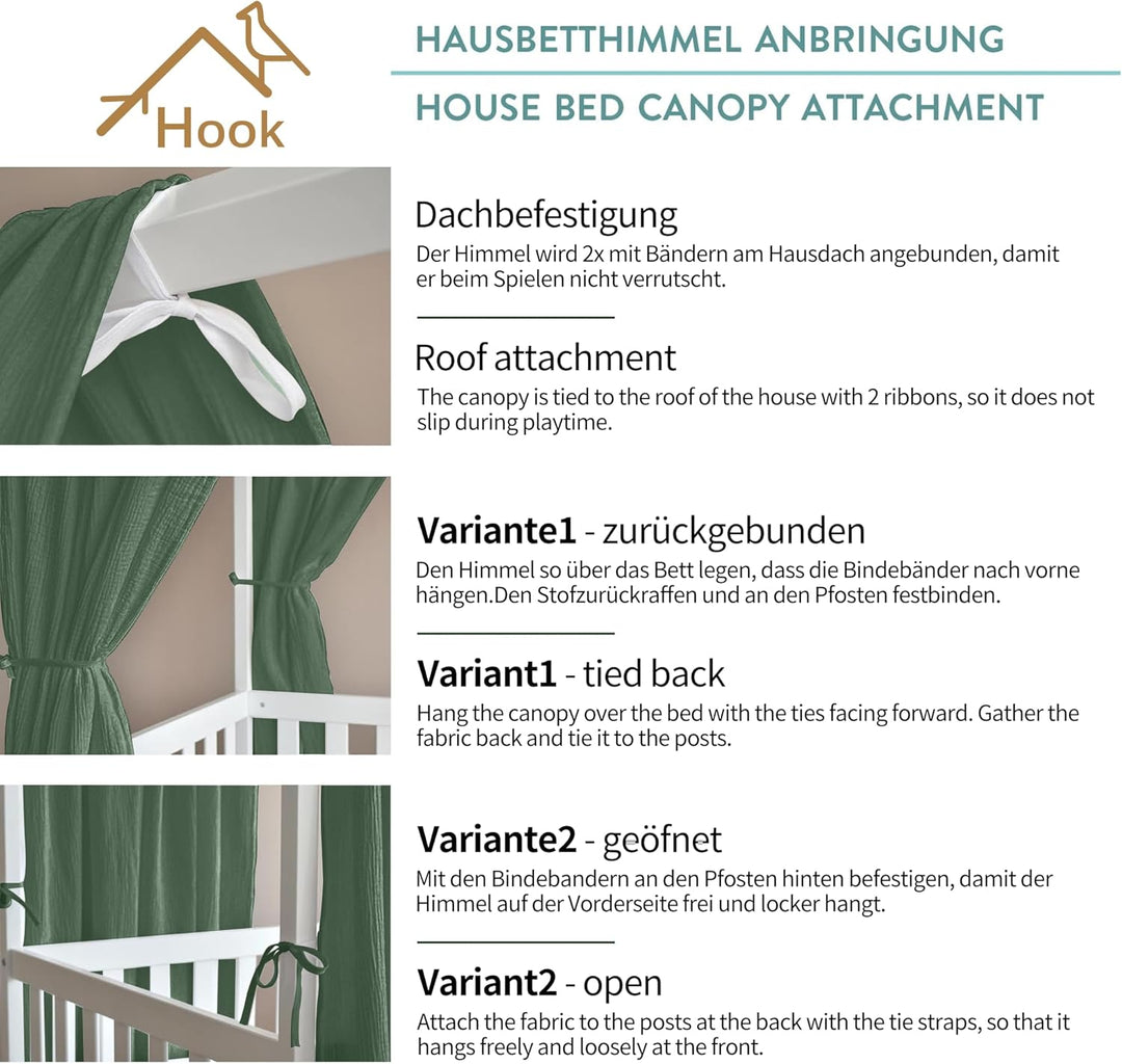 Hausbett Himmel Deko Set, Betthimmel Hausbett aus Musselin - 2 Betthimmel & 1 Wimpelkette, für Junge