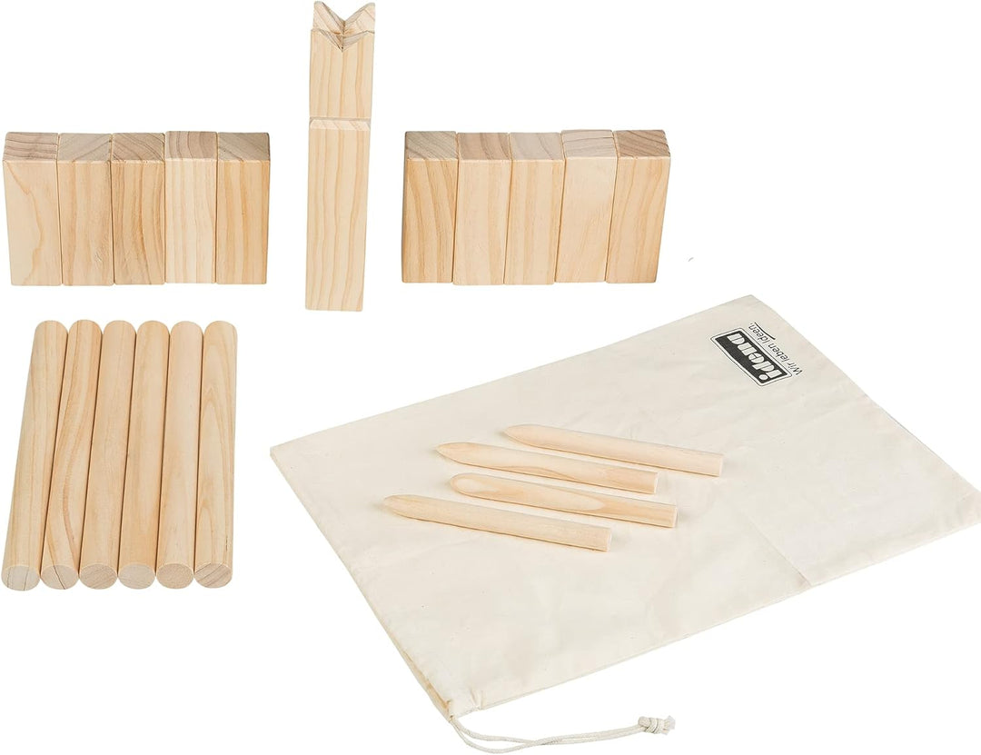 Idena 40175 - Kubb Spiel mit 10 Kubbs, 6 Wurfhölzern, König und 4 Eckstäben, inklusive Transport- un