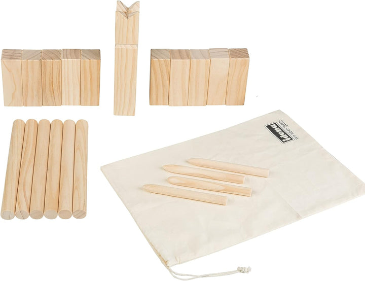 Idena 40175 - Kubb Spiel mit 10 Kubbs, 6 Wurfhölzern, König und 4 Eckstäben, inklusive Transport- un