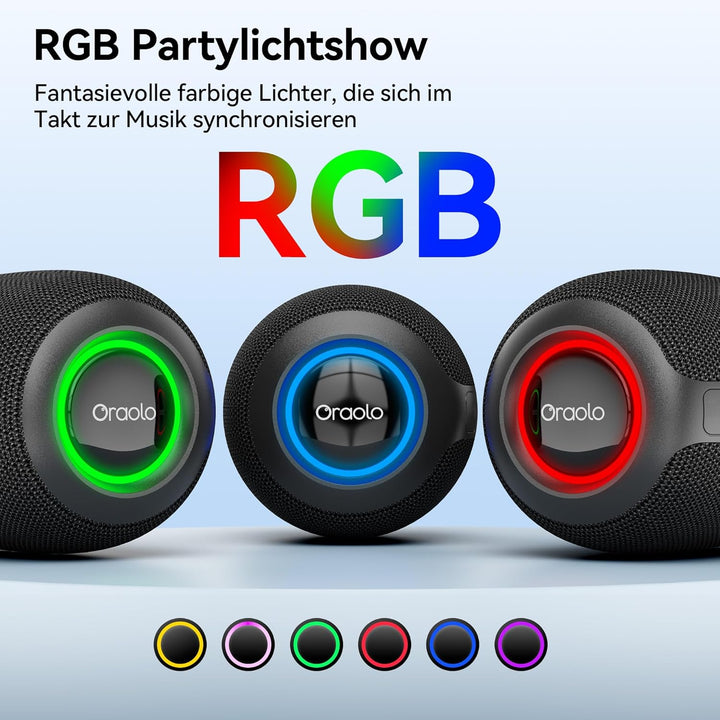 oraolo Bluetooth Lautsprecher mit 15W Audio, IPX7 Wasserdichter, 30 Stunden Abspielzeit, LED Beleuch