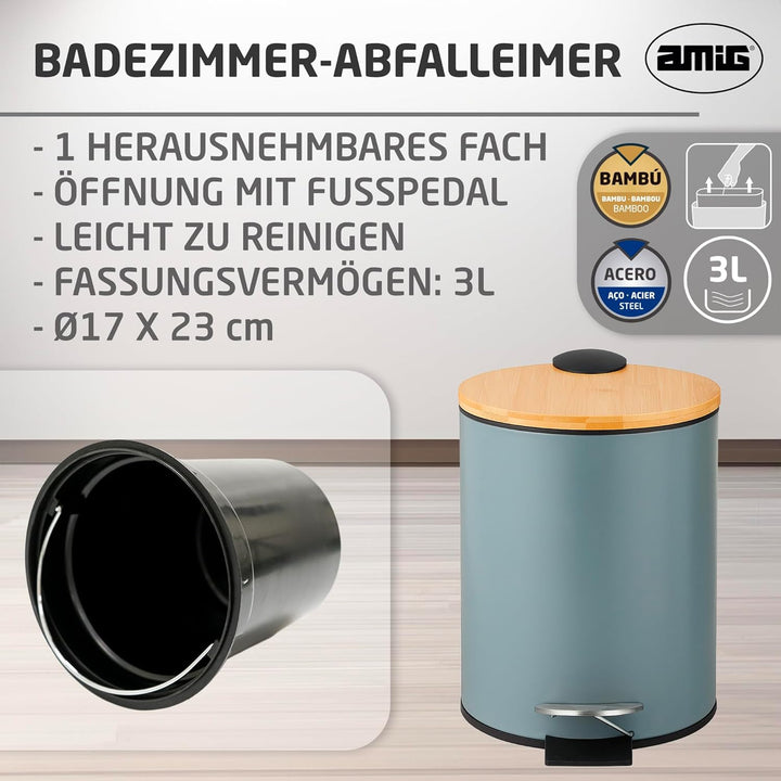 Amig – Kosmetikeimer mit Pedal 3L Naturline – Grau und Bambus – Hygienische Öffnung – Ø16,8 x 23 cm