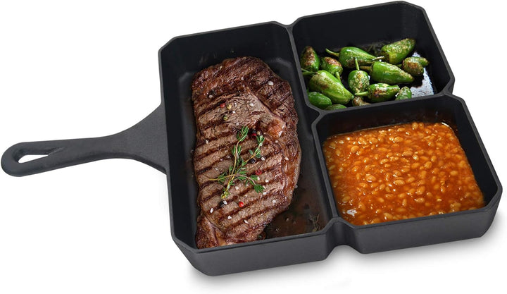 Jim Beam Gusseisenpfanne 3-in-1 - viereckige Pfanne mit drei Kammern für Fleisch, Gemüse, Saucen - S