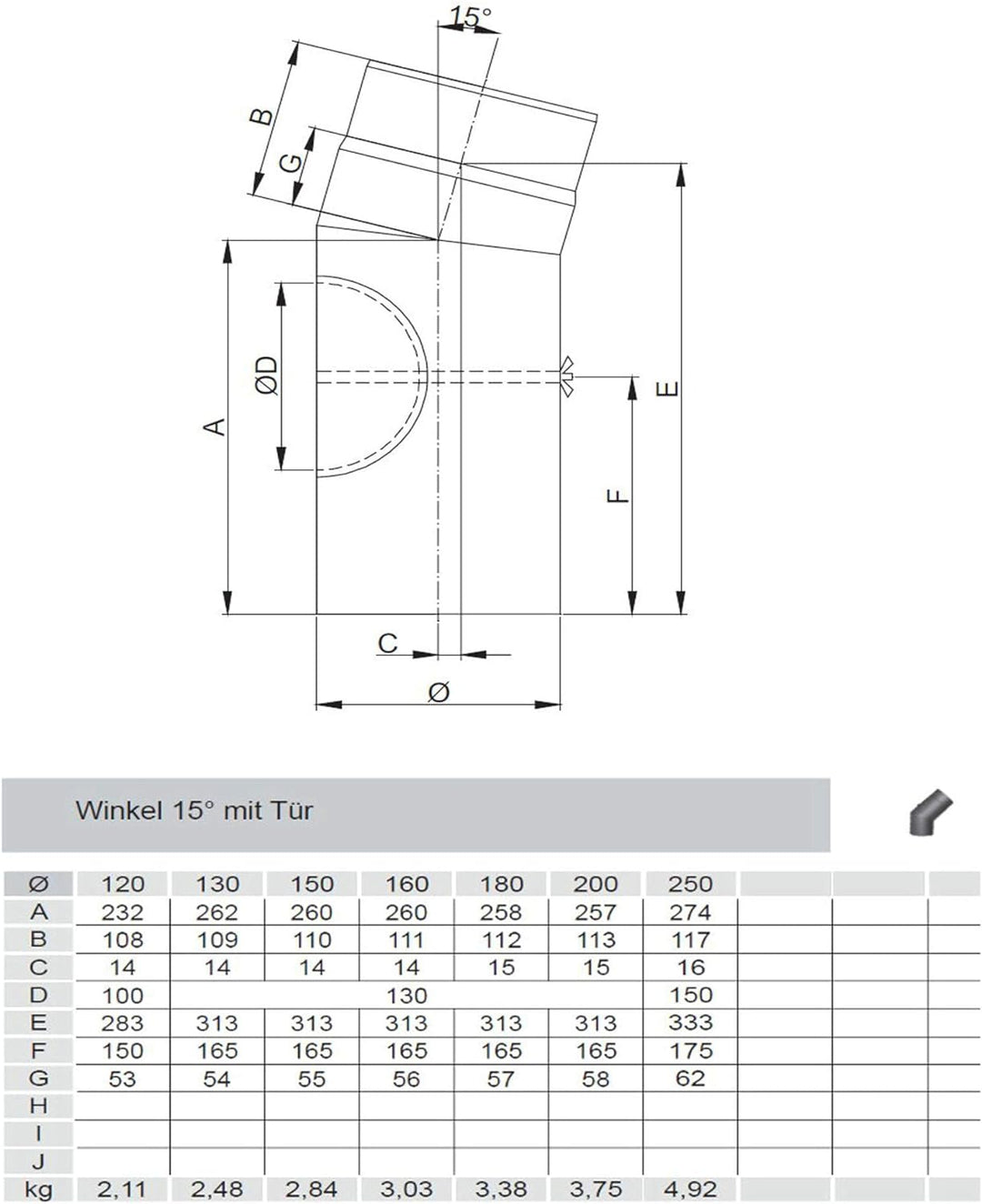 Jeremias Rauchrohr Ofenrohr | Winkel 15° mit Tür | schwarz | Ø 180 mm