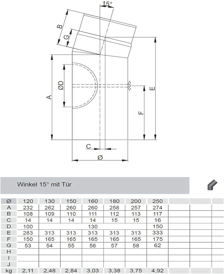 Jeremias Rauchrohr Ofenrohr | Winkel 15° mit Tür | schwarz | Ø 180 mm