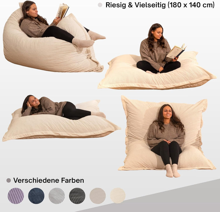 Riesiger Sitzsack XXL für Innenbereich, aus Cordsamt, 180 x 140 cm, weich, bequem und abnehmbar, gro