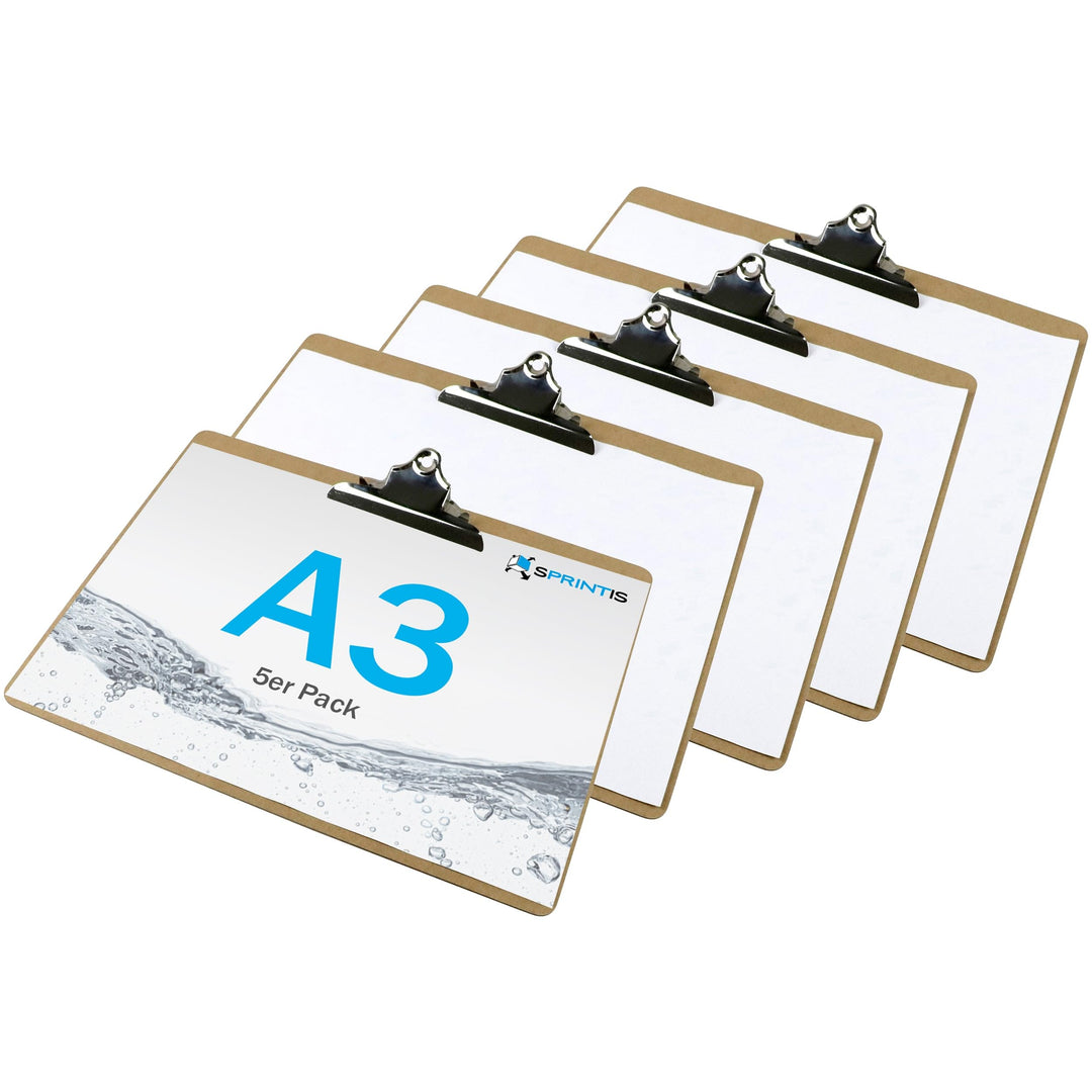 SPRINTIS Klemmbrett aus Holz im 5er Set, Classic - mit grosser Retroklammer (DIN A3 Querformat), DIN
