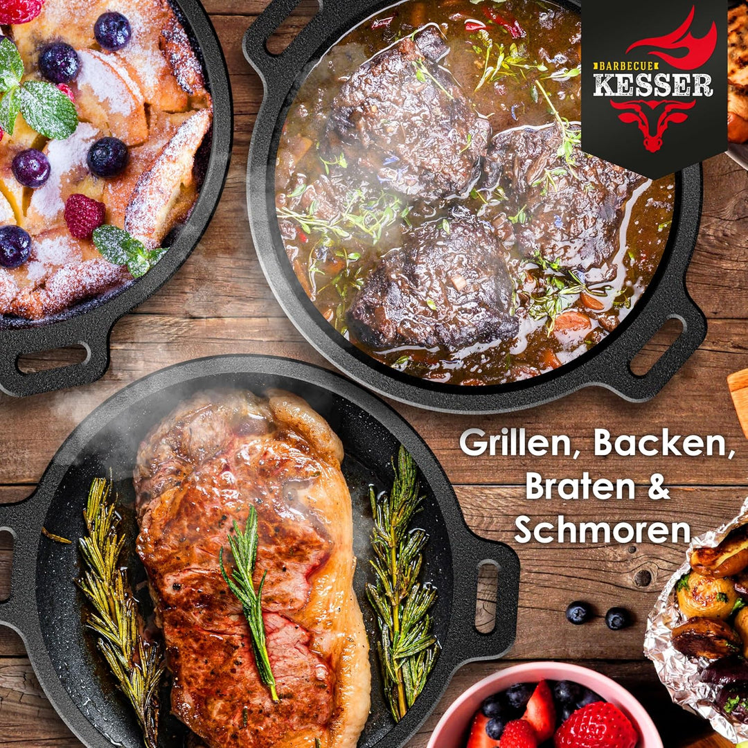 KESSER® Dutch Oven Set BBQ 7,3 Liter, Feuertopf Schmortopf mit Edelstahluntersetzer, Gusseisen Topf