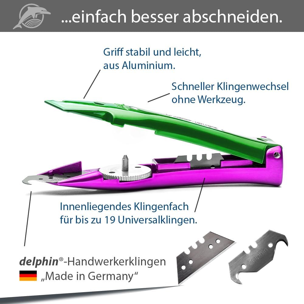 Delphin®-03 Teppichmesser, Style Edition, Feststehende Klinge, Profi Cuttermesser, Alu, Klingen und