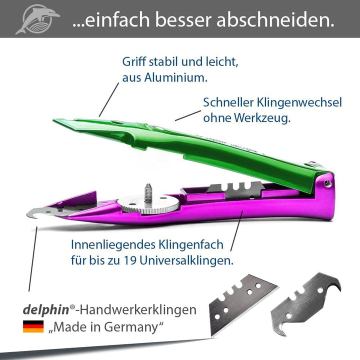 Delphin®-03 Teppichmesser, Style Edition, Feststehende Klinge, Profi Cuttermesser, Alu, Klingen und